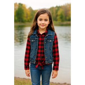 Old Navy‎ Girls Denim Vest Red Buffalo Plaid fleece 14/16  Woodsy valentines